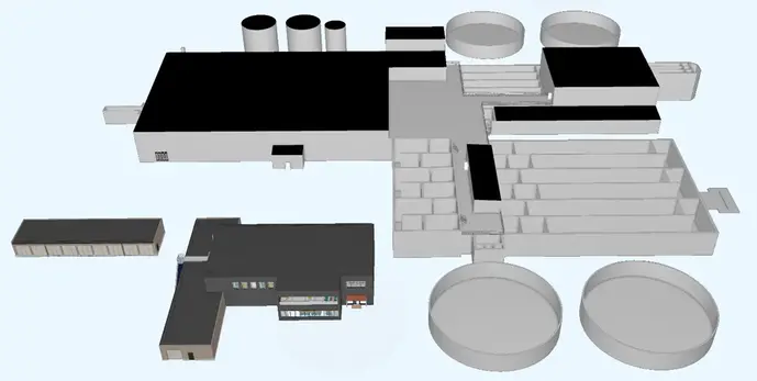 Illustration av Ängens avloppsreningsverk enligt nya skisser från 2026.